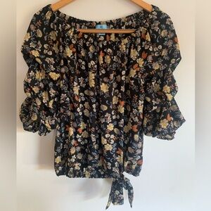 CeCe Womens Black Floral Puffy Ruffled Sleeve Off the Shoulder Top sz M Dainty